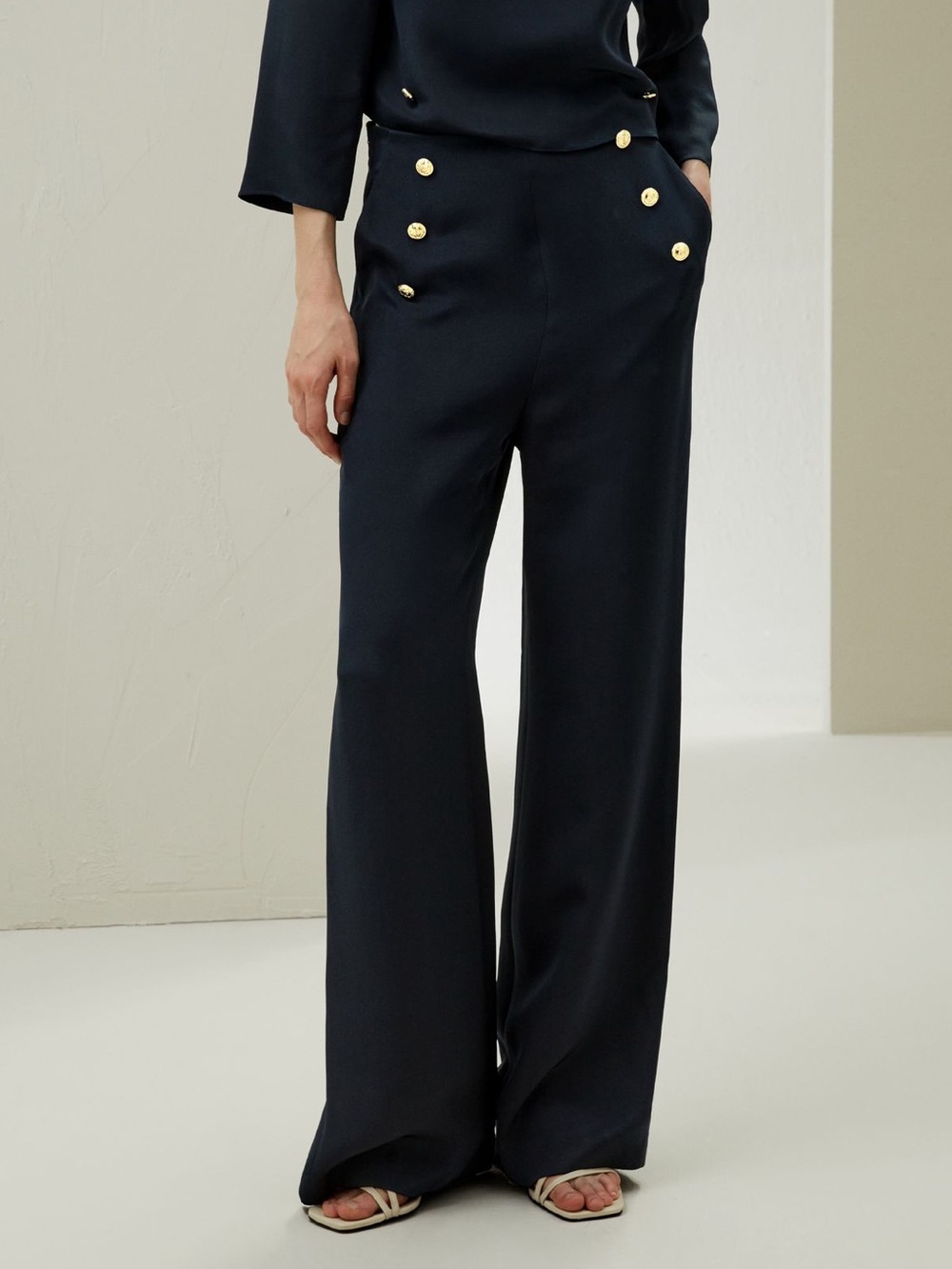 NWT Lilysilk Dubrovnik Button Front Wide Leg Silk Trousers Size 10